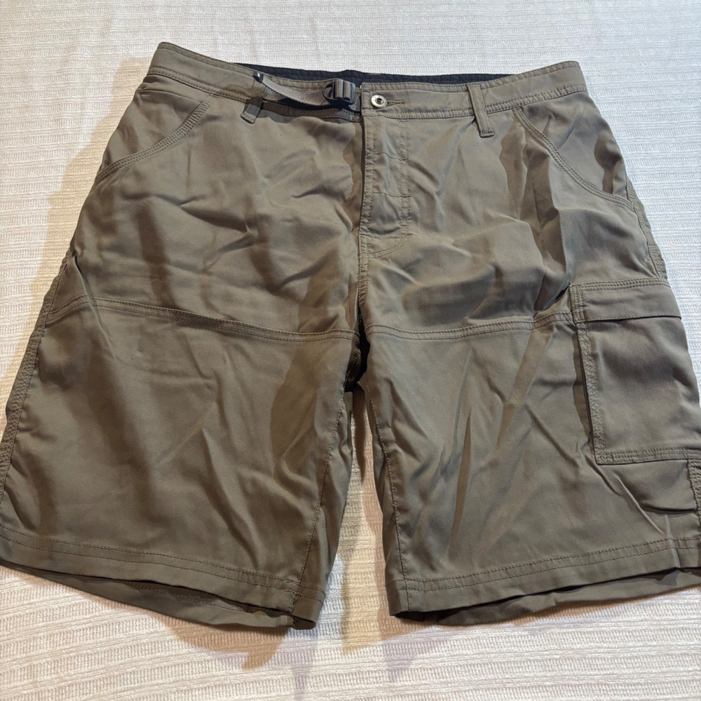 Prana Zion Hiking Shorts Mens 34 Green Stretch Nylon Cargo Belted 10 Inseam